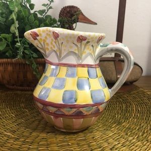 MacKenzie Childs Odd Fellows creamer checkered, floral, yellow, blue, pink